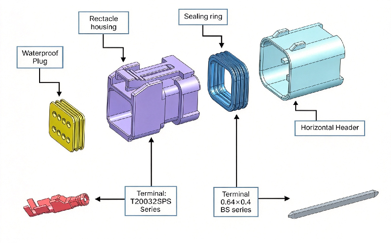 Exploded view of HRB 2.0mm cost-effective type dual‑row wire‑to‑board waterproof connector, housing, silicone seals, pcb header and crimp terminals Vue éclatée du connecteur étanche fil-à-carte à double rangée de type économique HRB de 2,0 mm, du boîtier, des joints en silicone, de l'embase de circuit imprimé et des bornes à sertir