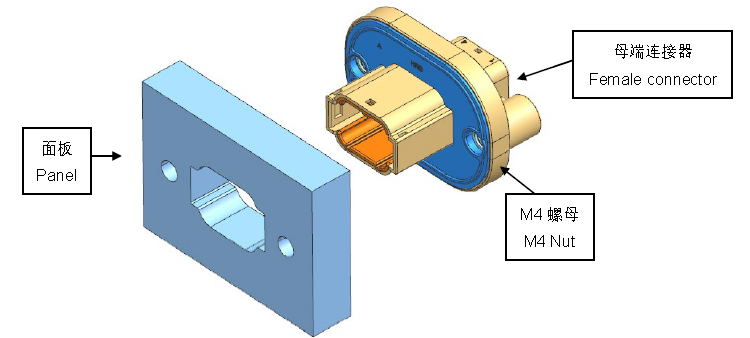 Panel‑mount installation step for HRB waterproof female connector, technical drawing Étape d'installation pour montage sur panneau pour connecteur femelle étanche HRB, dessin technique