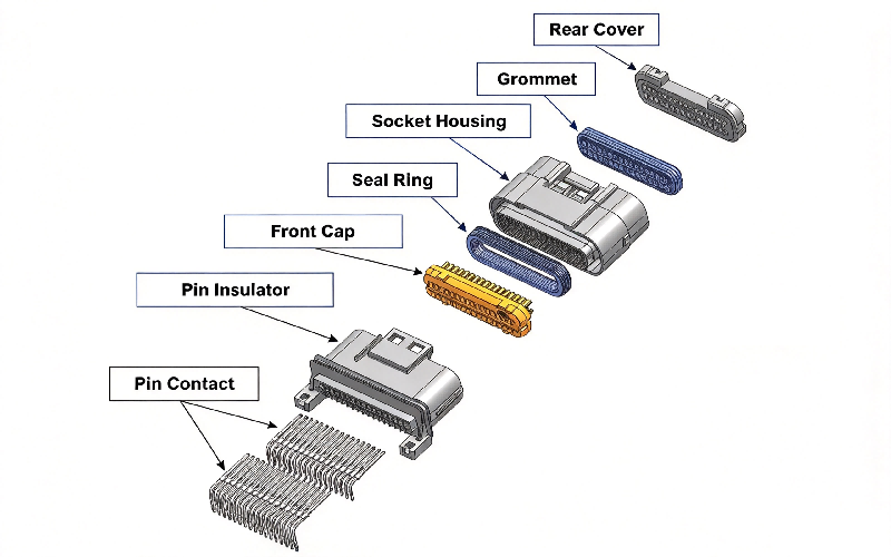 Vue &eacute;clat&eacute;e du connecteur fil-&agrave;-fil &eacute;tanche HRB montrant les contacts &agrave; broches, l'isolateur de broche, le capuchon avant, la bague d'&eacute;tanch&eacute;it&eacute;, le bo&icirc;tier de prise, le passe-fil et le couvercle arri&egrave;re.