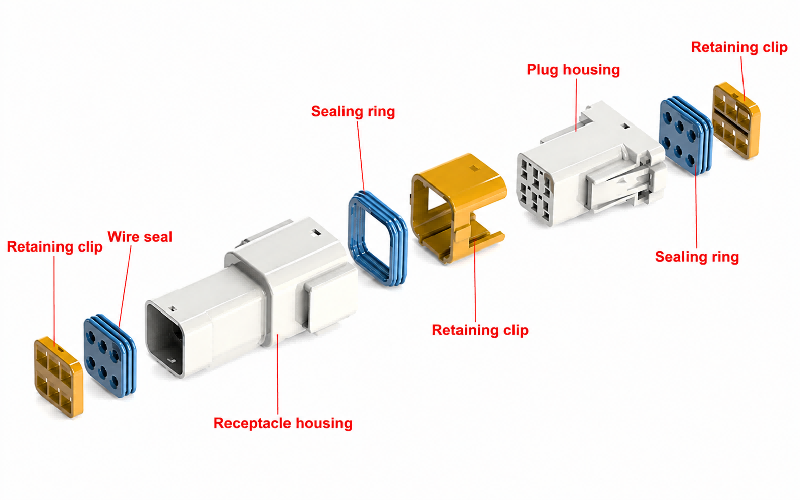 Exploded view of HRB 3.0mm panel mount waterproof connector with seal, clip and terminals Vue éclatée du connecteur étanche à montage sur panneau HRB 3,0 mm avec joint, clip et bornes
