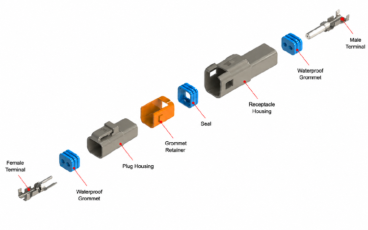 Vue &eacute;clat&eacute;e du connecteur &eacute;tanche fil &agrave; fil &agrave; double rang&eacute;e HRB de 2,0&nbsp;mm, du bo&icirc;tier, des joints en silicone et des bornes &agrave; sertir
