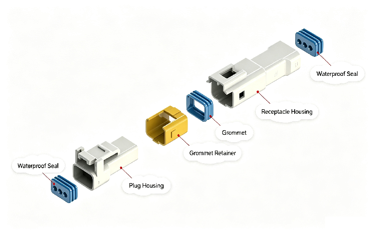 Vue &eacute;clat&eacute;e du connecteur &eacute;tanche fil &agrave; fil &agrave; double rang&eacute;e HRB de 2,0&nbsp;mm, du bo&icirc;tier, des joints en silicone et des bornes &agrave; sertir