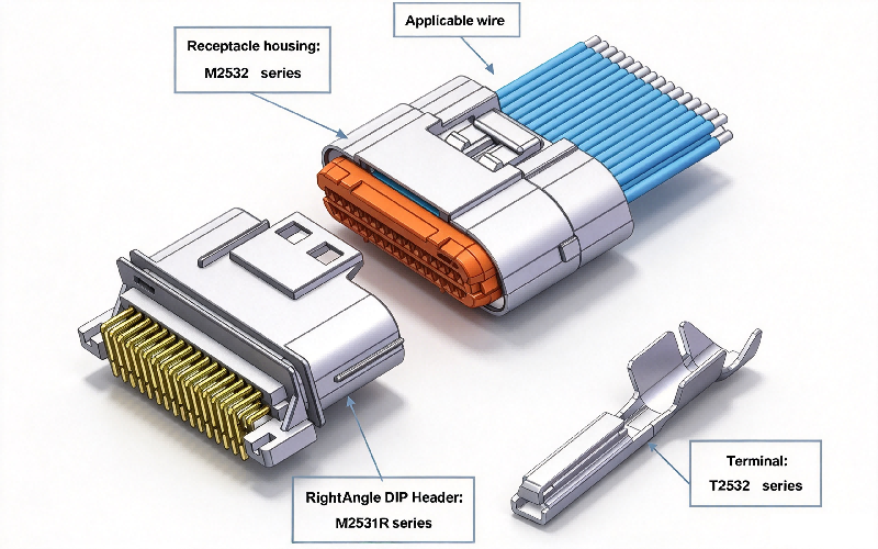 Fil &agrave; pas de 2,5 mm pour embarquer des connecteurs &eacute;tanches Nom et num&eacute;ro de pi&egrave;ce, connecteur s&eacute;rie HRB M2532, vue &eacute;clat&eacute;e