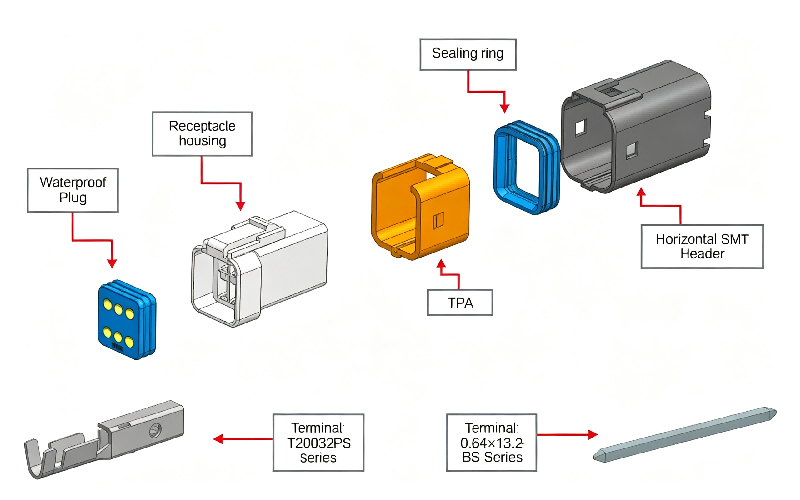 Vue &eacute;clat&eacute;e du connecteur &eacute;tanche fil-&agrave;-carte &agrave; double rang&eacute;e HRB de 2,0&nbsp;mm, du bo&icirc;tier, des joints en silicone, de l'embase de circuit imprim&eacute; et des bornes &agrave; sertir