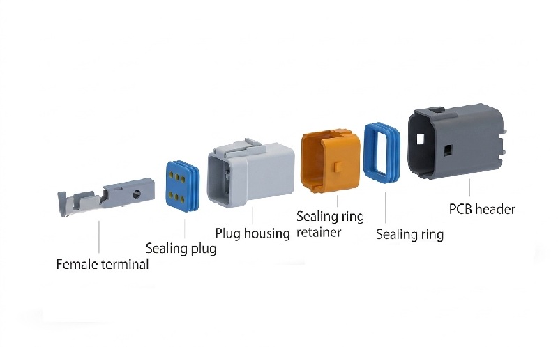 Vue &eacute;clat&eacute;e du connecteur &eacute;tanche fil &agrave; carte HRB 2,0 mm, du bo&icirc;tier, des joints en silicone et des bornes &agrave; sertir