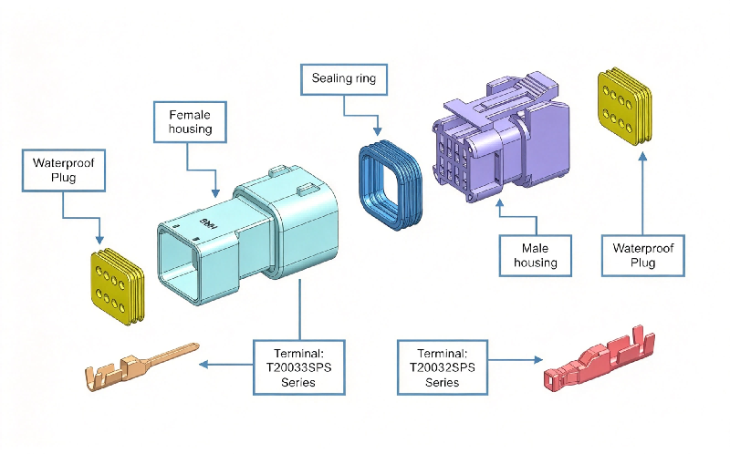 Vue &eacute;clat&eacute;e du connecteur &eacute;tanche fil &agrave; fil de type &eacute;conomique HRB 2,0&nbsp;mm, des bo&icirc;tiers m&acirc;le et femelle, des joints en silicone et des bornes &agrave; sertir
